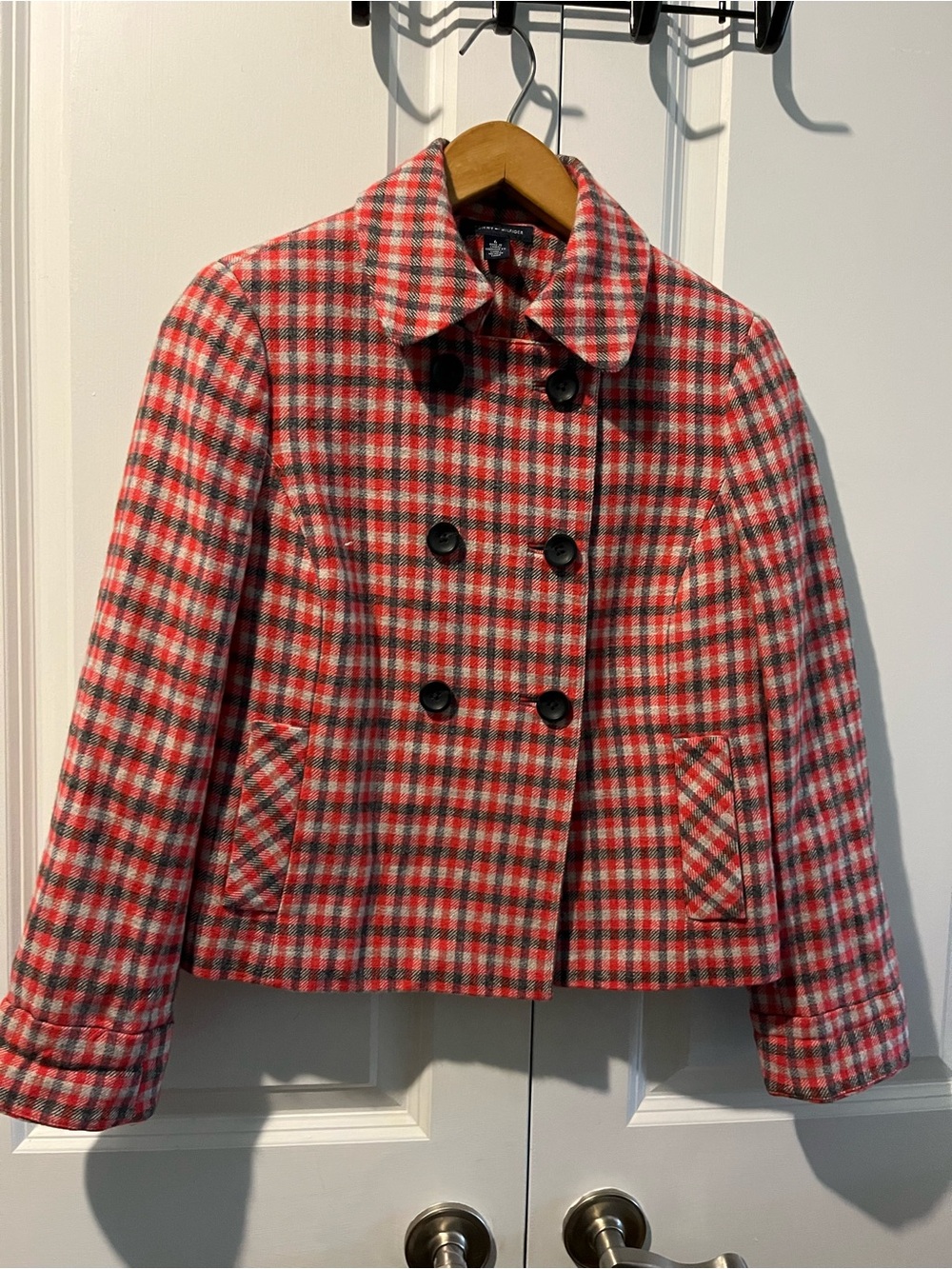 Tommy Hilfiger Red and Gray Plaid Double-Breasted Wool Blazer